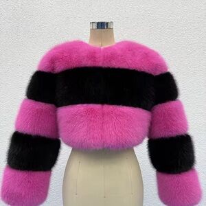 Vibrant Pink and Black Striped Faux Fur Jacket